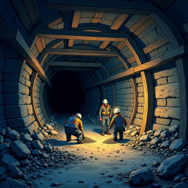 Mô hình 3D của một hệ thống hầm khai thác mỏ, với các lớp màng địa kỹ thuật được tích hợp để chống thấm và ổn định mái dốc, đảm bảo an toàn cho công nhân và môi trường làm việc